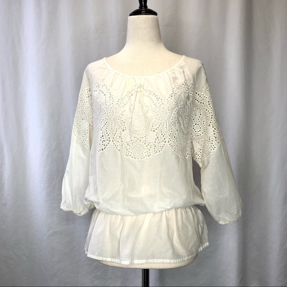 Chico’s white cotton lawn blouse with eyelets and elastic blouson waist size 0 - Picture 1 of 7